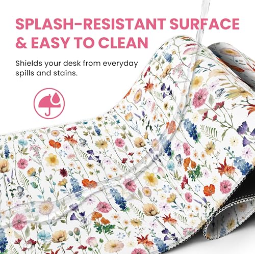 Large Mouse Pad for Desktop, Cute Desk Mat Pad Protector for Work & Gaming, Aesthetic Pretty Anti-Slip Laptop Blotter Cover for Office School Home Supplies, Wildflowers, 31.5" x 11.8" - Image 6