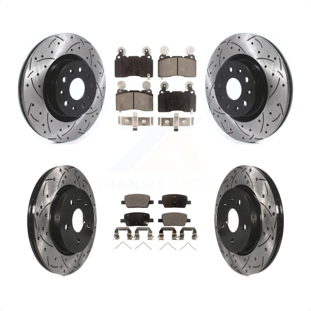 Front Rear Coated Drilled Slotted Disc Brake Rotors And Semi-Metallic Pads Kit For 2016-2018 Cadillac CT6 With 345mm Diameter Rotor