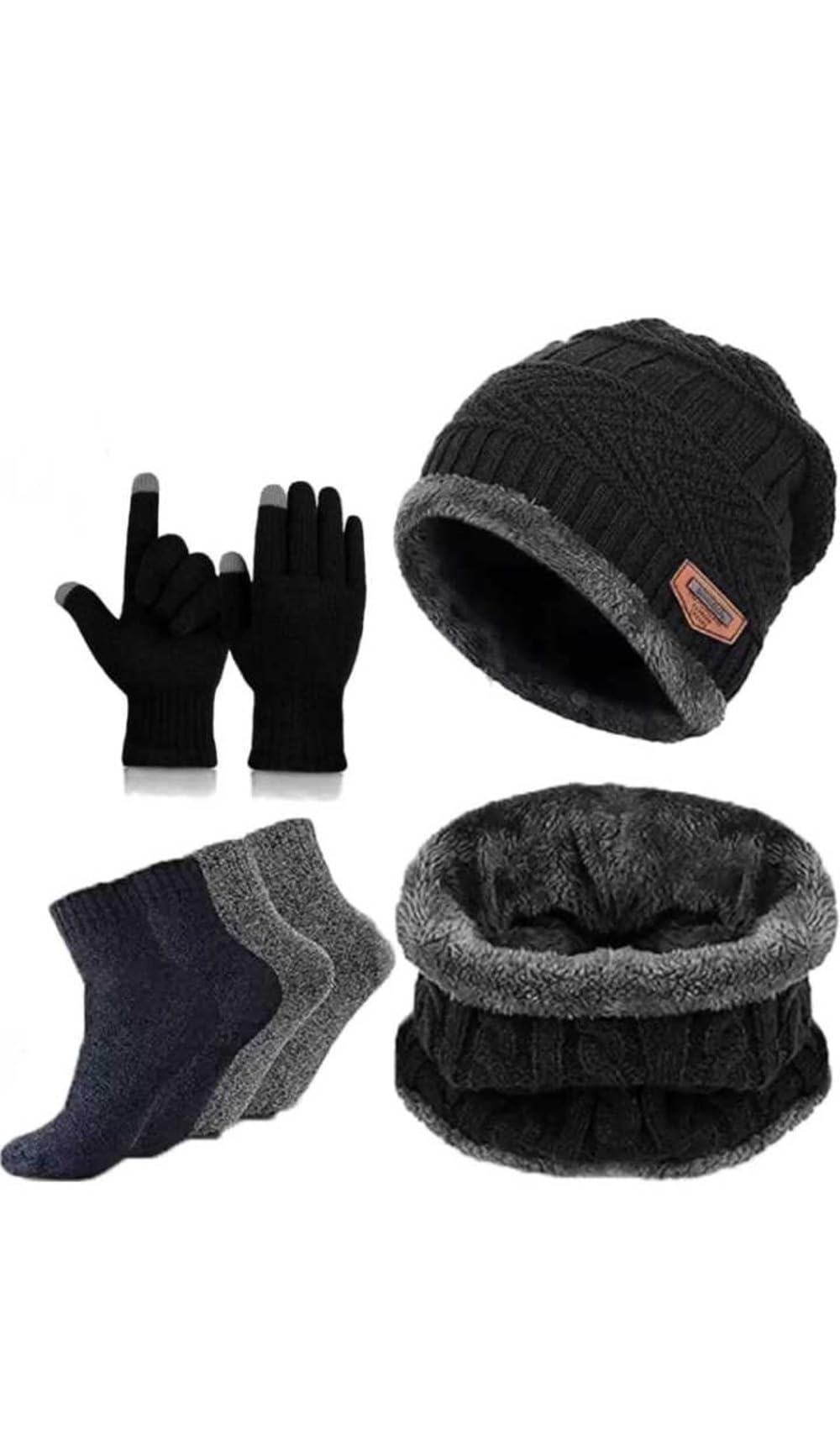 Winter Accessories Set with Knit Beanie, Neck Warmer, Touch Screen Gloves, Warm Socks, Black and Grey pack of 5