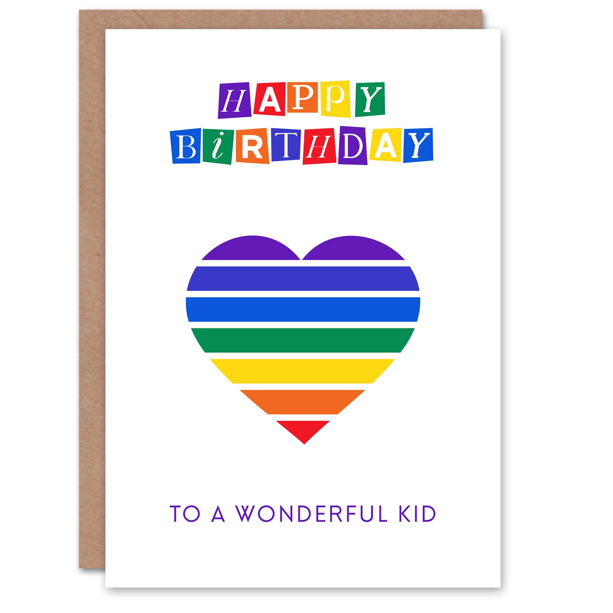 Artery8 Happy Birthday to a Wonderful Kid Rainbow Stripes Love Heart Non Binary Gender Neutral Card