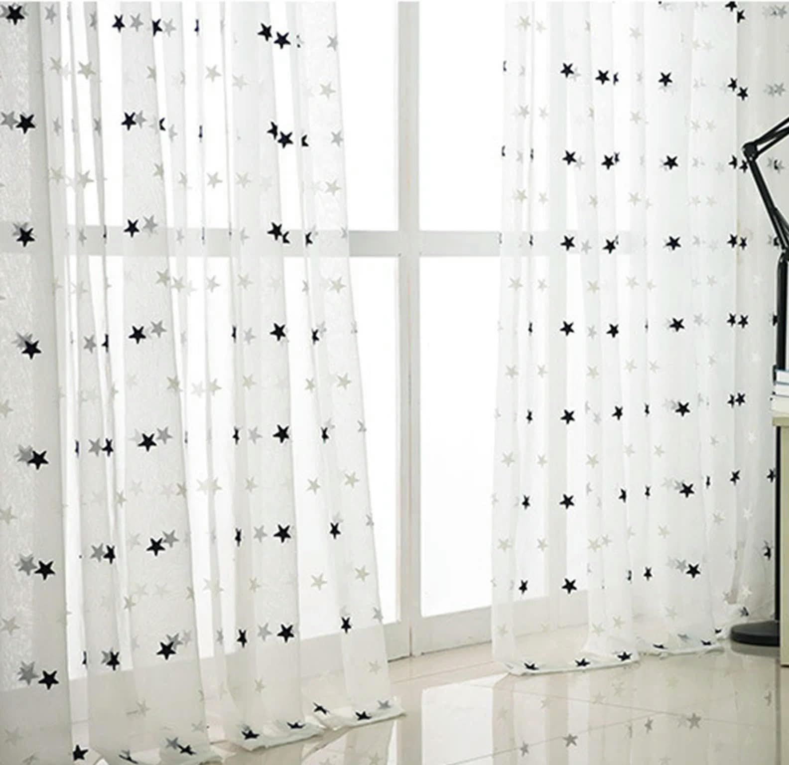 Cortinas de Dormitorio para niños, niñas y niños, de Tul Bordado con Estrellas Grises/Rosas