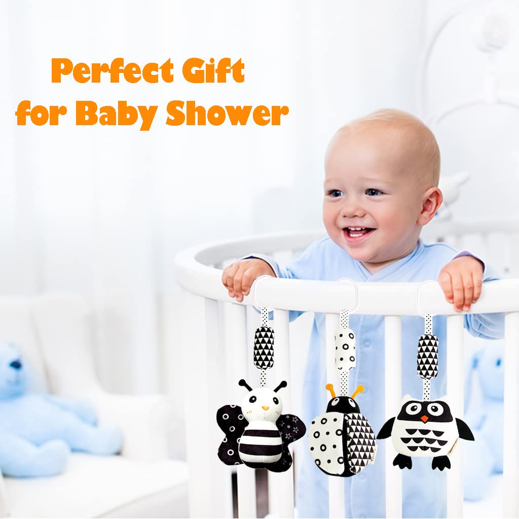 Juguete colgante para bebé, paquete de 3 juguetes para bebés en blanco y negro para 3, 6, 9, 12 meses, juguetes colgantes de alto contraste, juguete de felpa suave para niños y niñas (21CM 7
