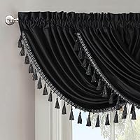 Vista 2 de Cenefa de cascada de terciopelo pesado, color negro (37 x 57) cenefa de ventana con bolsillo para cortinero
