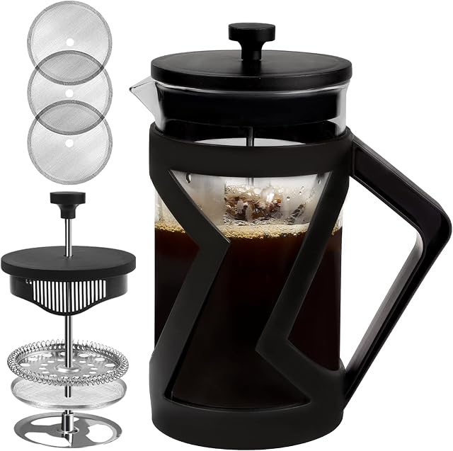 FAVIA Black French Press Coffee Maker Cafetiere 2 Cup Small Insulated Heat Resistant Glass Jug for Morning Tea 0.35 L/12 oz