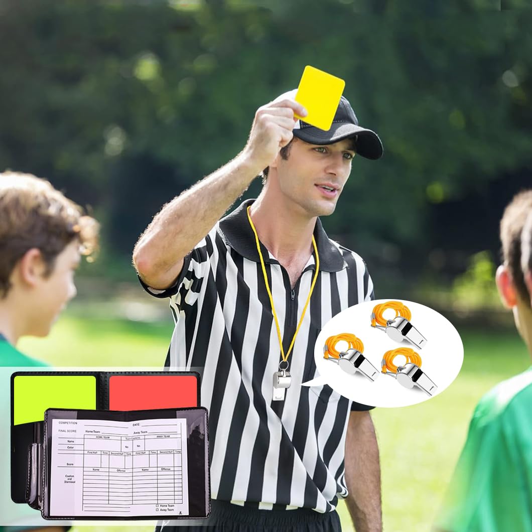 2 Set Juego de Tarjetas de árbitro de Fútbol Juego de Tarjetas de árbitro Deportivo con 3 Silbatos de Metal, PCV Tarjeta Roja Tarjeta Amarilla con bolígrafo y Estuche Libros de Puntuación,