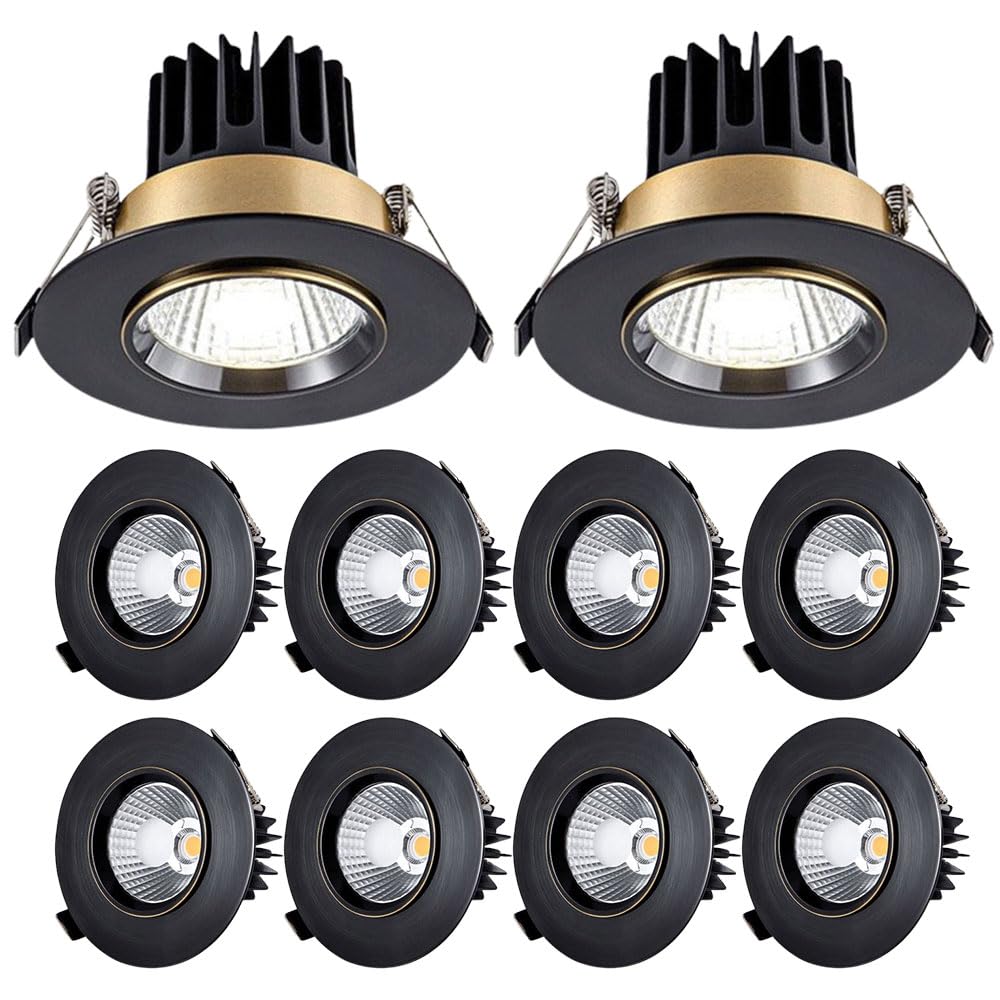 JKJZSALJ 10-Pack Round Brushed Brass Luminaire,10W Led Recessed Light Fixtures,Dimmable Led Can Lights,Cri 90+,Adjustable Gimbal Retrofit Spotlight,Black