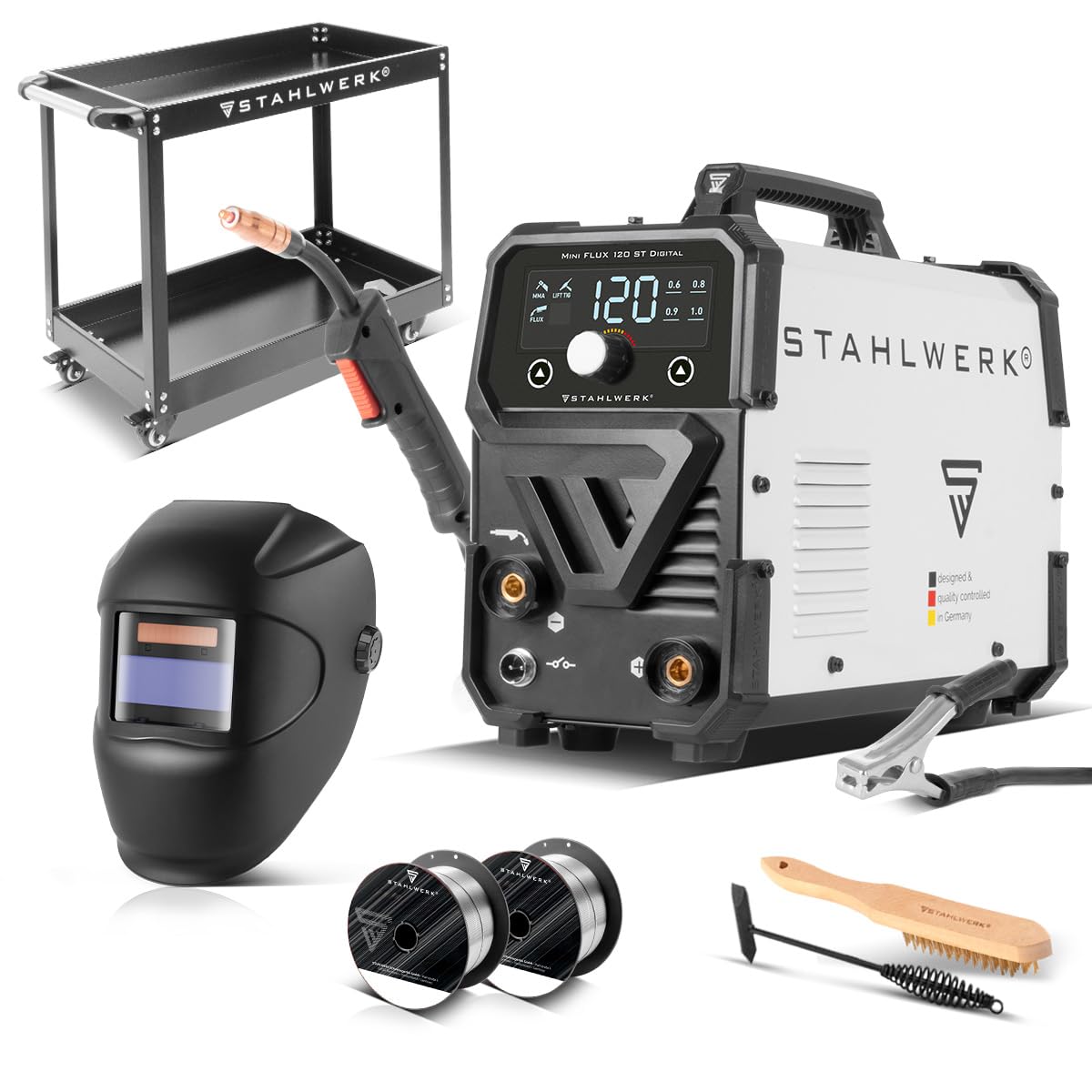STAHLWERK Schweißgerät Mini FLUX 120 ST Digital – Vollausstattung mit Gerätewagen – Fülldrahtschweißen (FLUX) ohne Gas bis 120 A, synergischer Drahtvorschub, LED, Lift-TIG- & MMA-Funktion (E-Hand)