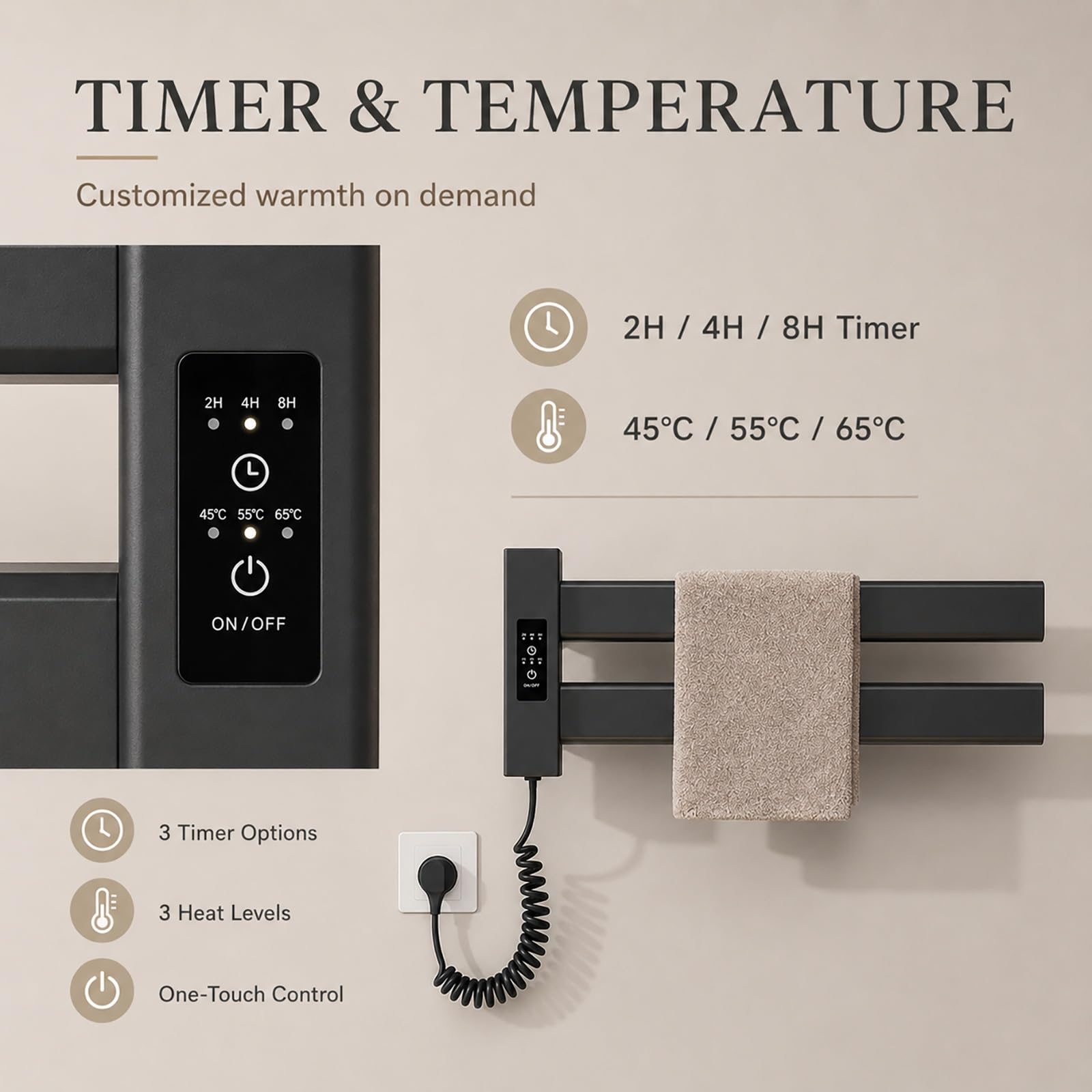 Genérico Toallero Eléctrico de Tubo, Radiador de Pared de Bajo Consumo for Baño, Calentador de Toallas Térmico con Temporizador Integrado y Panel Calefactor Eficiente(Right,Negro)