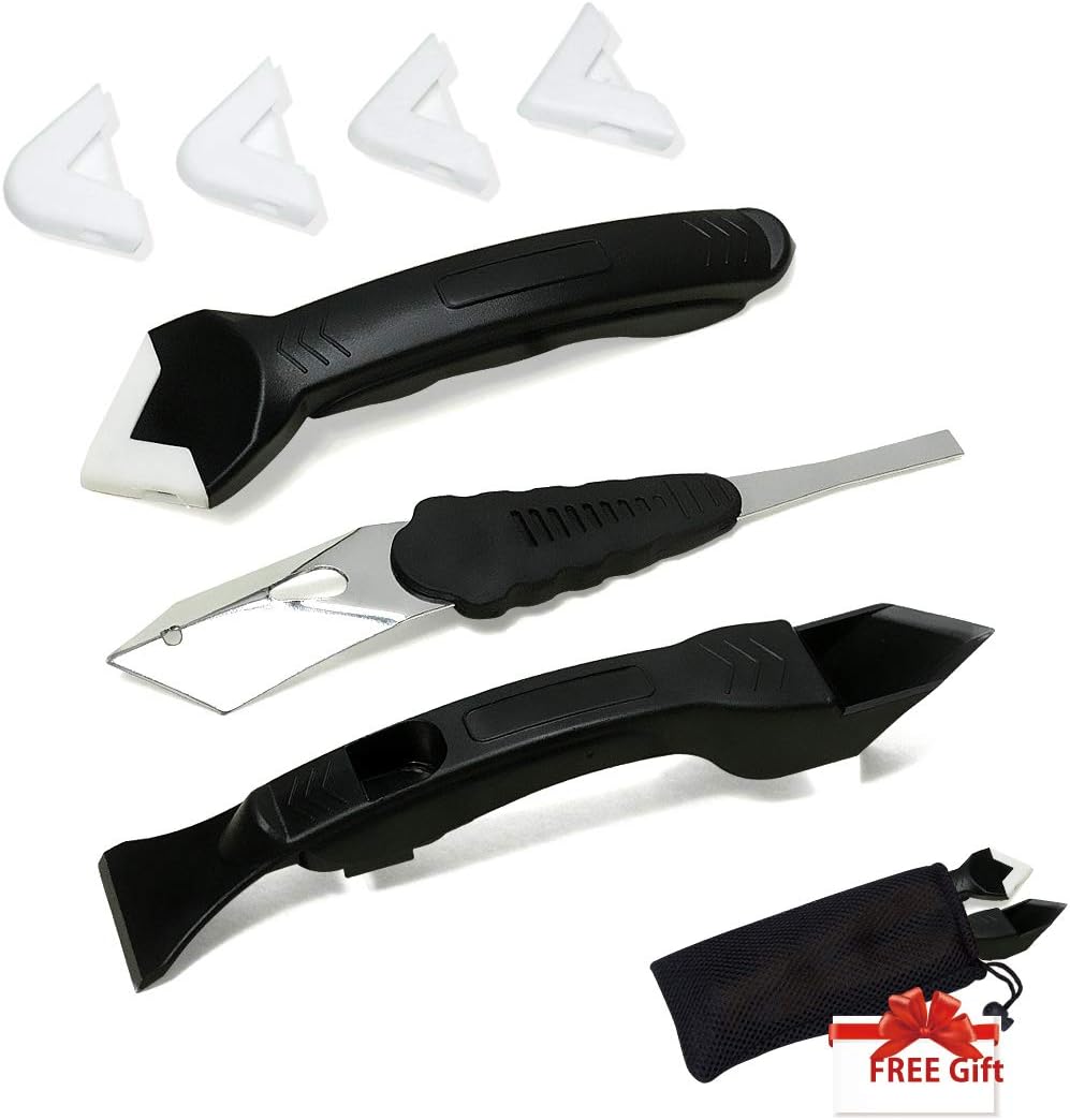 Caulking Tool Kit & Silicone Scraper Tool Kit, 3 in 1 Sealant Replace&Sealant Tool Kit for Bathroom Kitchen and Frames Sealant Seals (Black)