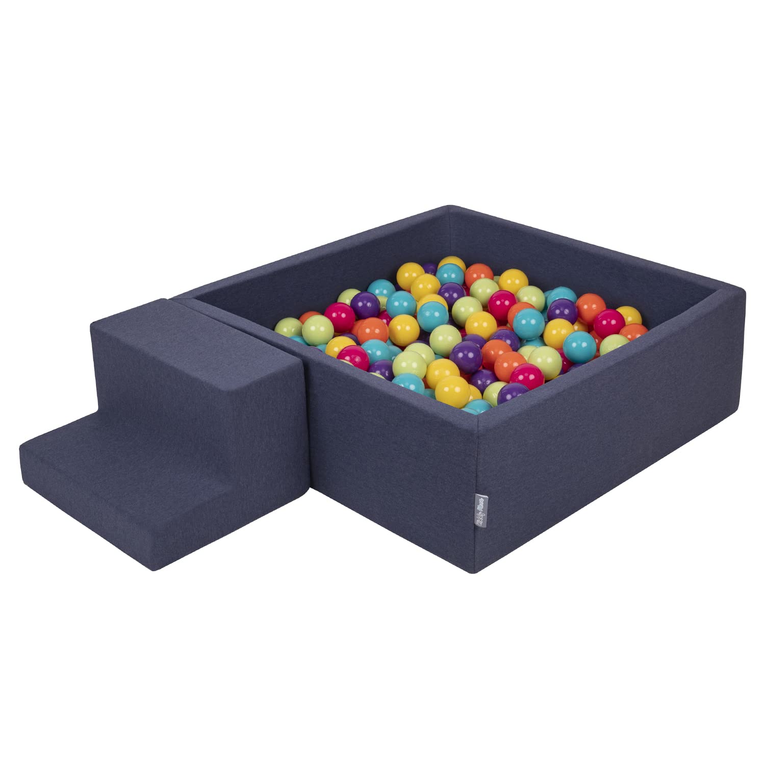 KiddyMoon Foam Playground For Kids With Square Ballpit (200 Balls ∅ 7Cm/2.75In) Soft Obstacles Course And Ball Pool, Made In The EU, Darkblue:Lgreen/Yellow/Turquoi/Orange/Dpink/Purple