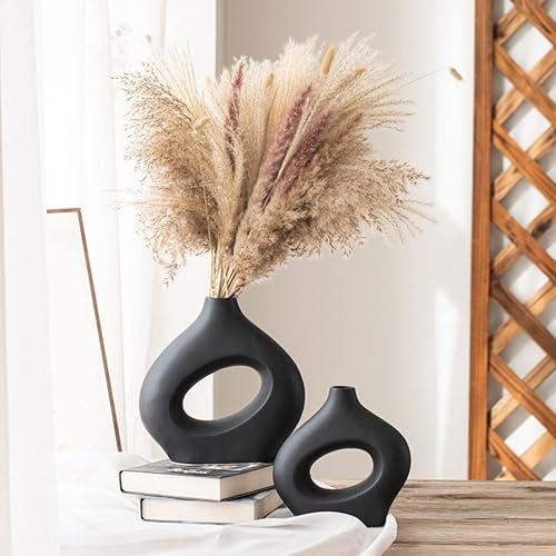 Miniatura 4 de Moderno juego de jarrones de cerámica en blanco y negro para decoración del hogar, jarrón circular de cerámica de hierba de las pampas para