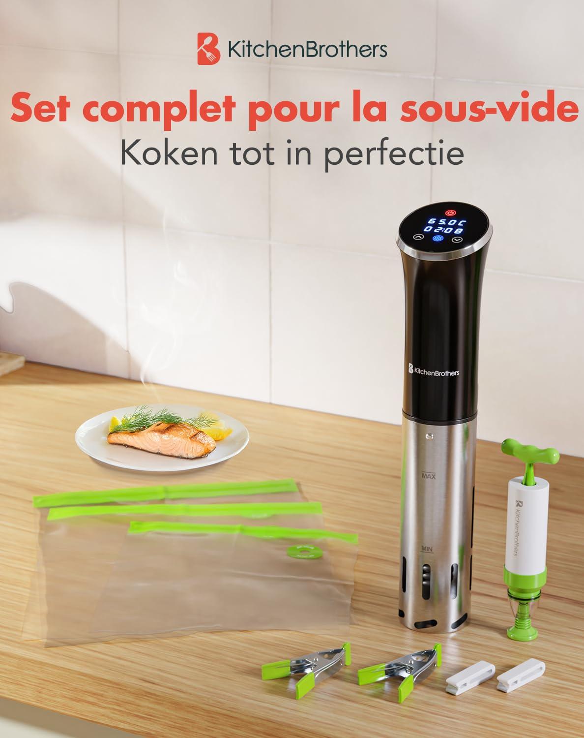 KitchenBrothers Thermoplongeur Sous Vide - Cuisson Basse Température - Cuiseur Sous Vide - Thermoplongeur Chauffe Eau -0 à 95℃, Réglable Par 0,2℃ - 1200W (Noir/Inox avec accessoires)