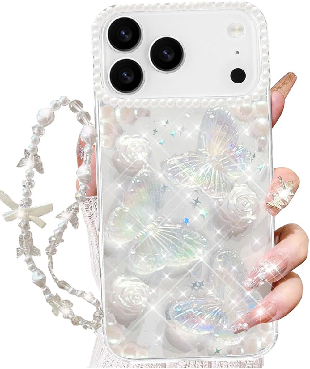 for iPhone 17 Pro Max Clear Glitter Case, Cute 3D Butterfly Floral Flowers Crystal Pearl Bling Sparkle with Wrist Strap Soft TPU Aesthetic Women Girls Phone Case for iPhone 17 Pro Max, Clear - Image 2