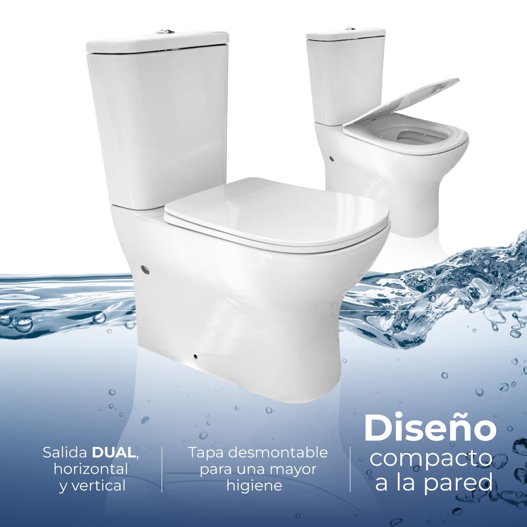 Inodoro Blanco, Wc Inodoro COMPLETO, Retrete para Hogar, Sistema RIMLESS ANTIBACTERIA, Tapa Dura Extrafina AMORTIGUADA, Salida Dual