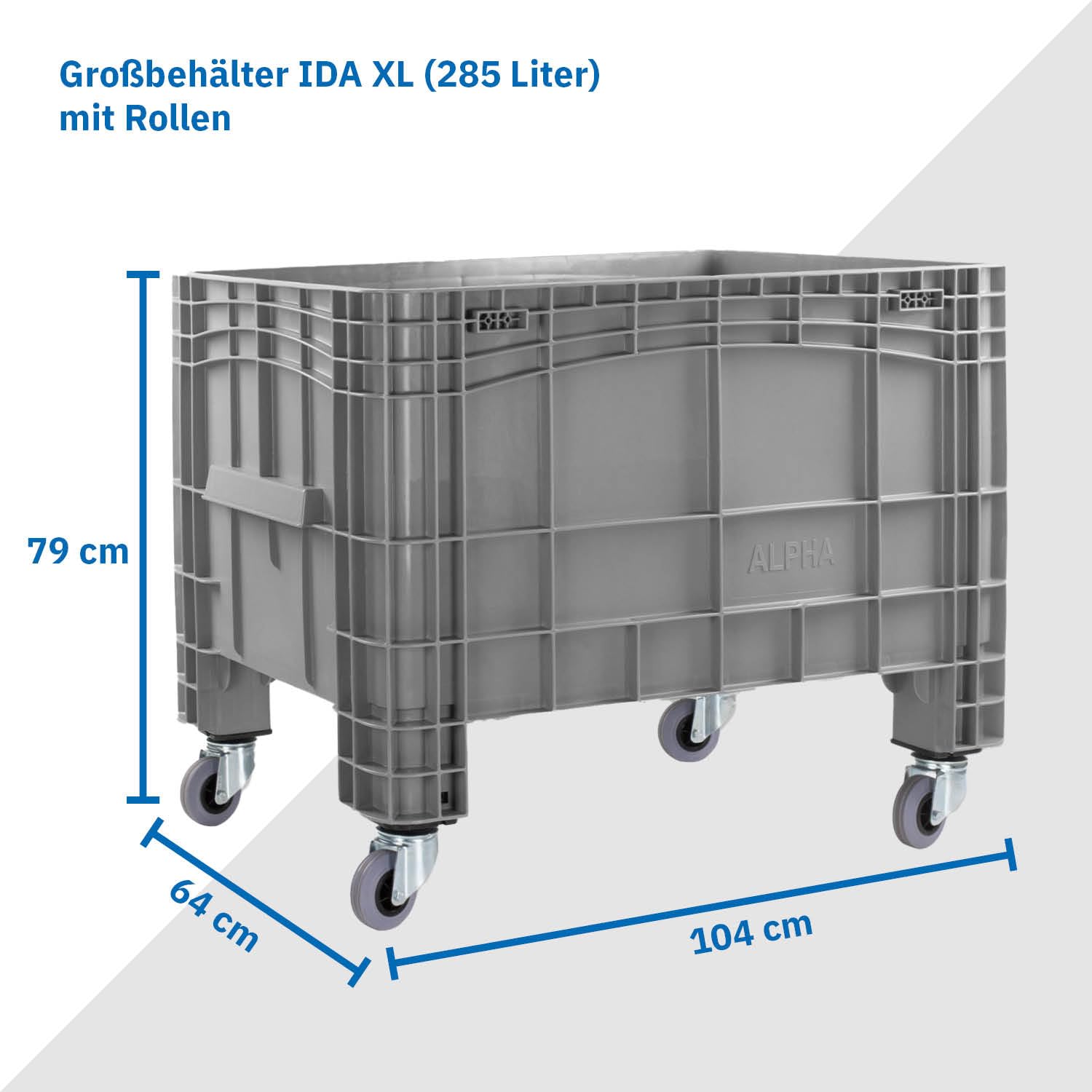 Großbehälter mit 4 Rollen und 285 Liter Volumen 104x64x79 cm | Transportwagen | Großer Behälter als Umzugsbehälter, Transportbox, Lagerbehälter (Grau, Ida XL Rollen)