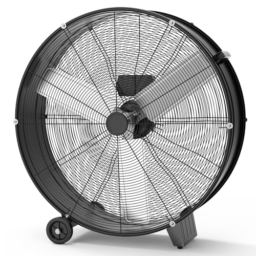 GarveeHome 30 in Industrial Drum Fan, 3-Speed High Velocity Floor Fan, Heavy Duty Metal Air Circulator with Caster Handle for Patios, Warehouses, Commercial, Factories and Workshops