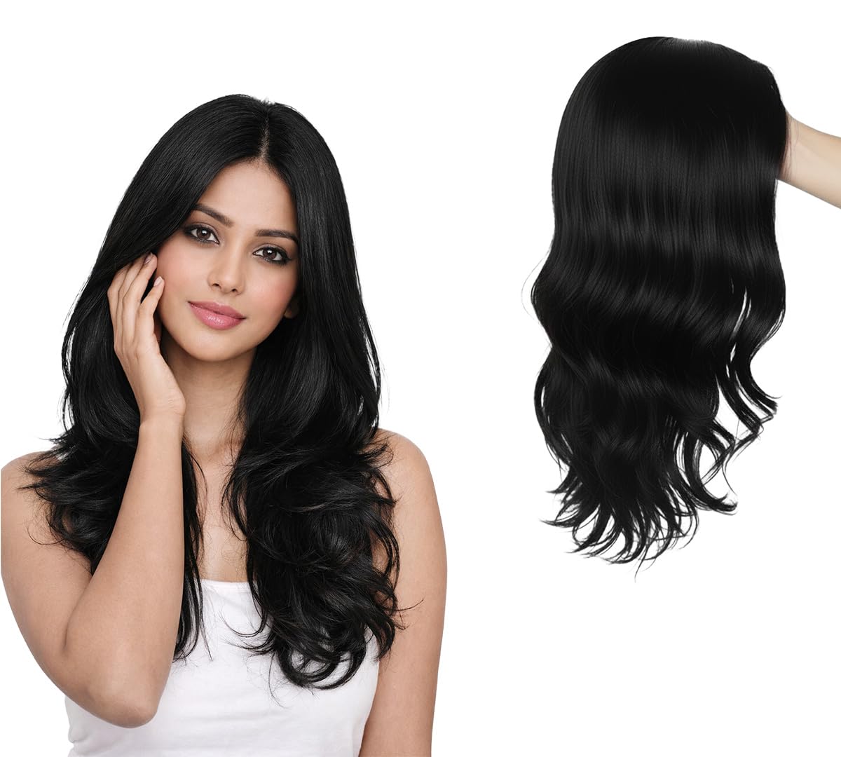 AHS Full Head, Shoulder Hair Wig Length Wavy & Heat Resistant Synthetic for Women Brown Hair Wig for Women Girls Cosplay Costume with Wig Cap (66M-Black)-image-2