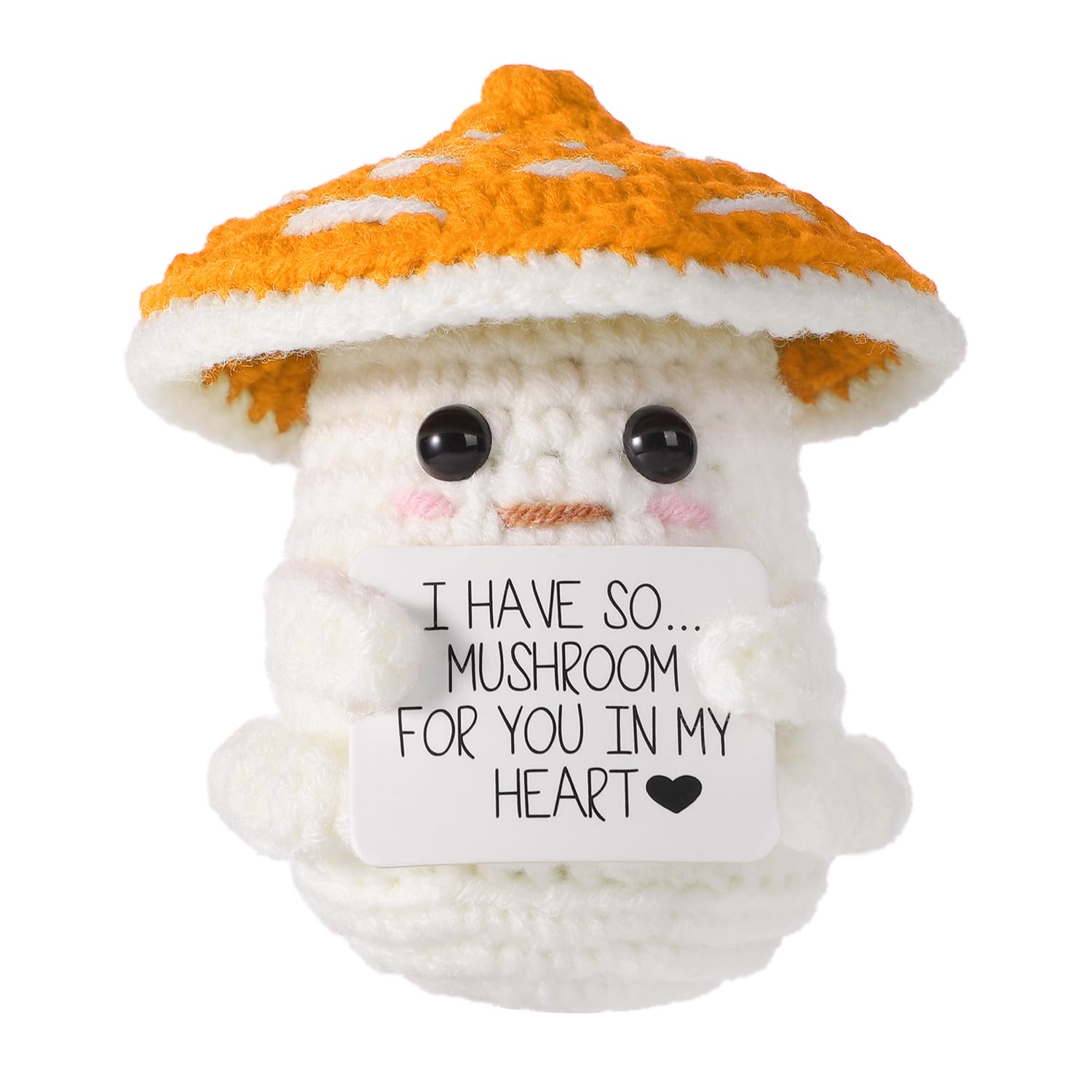 TOYMIS Positive Mushroom, Emotional Knitted Mushroom Energy Support Crochet Wool Doll Woolen Plush Toy for Motivated Gift Party Decoration (Orange-White)