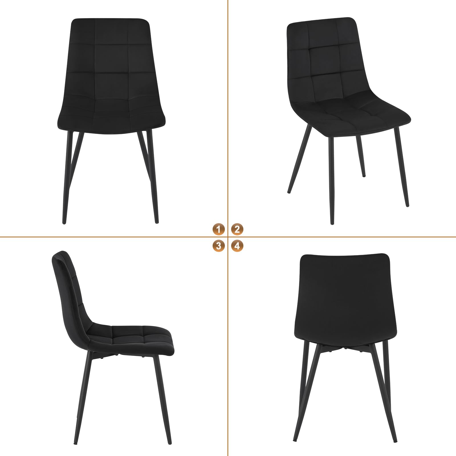 EUGAD Chaises de Salle à Manger Lot de 4, Chaise de Cuisine, avec Pieds en Métal et Dossier, Siège Rembourré, en Velours, Noir