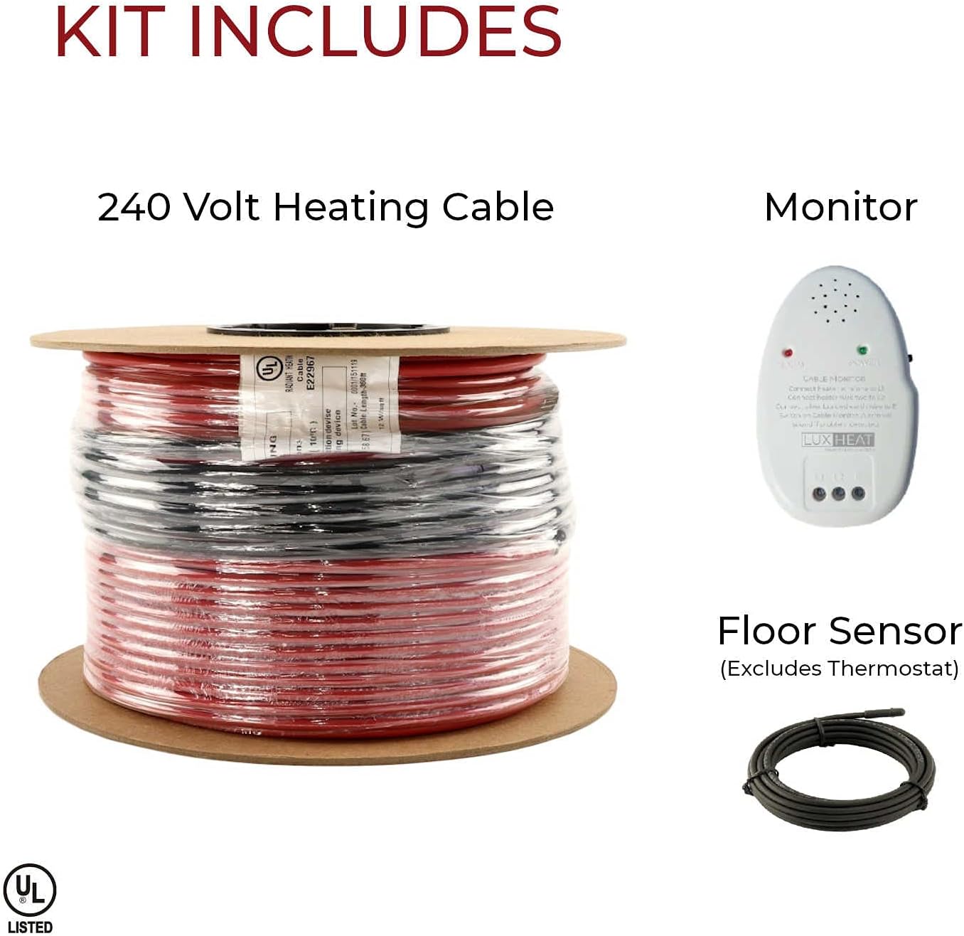 LuxHeat 40sqft Floor Heating Cable Kit - 240v Radiant Floor Heating System for Tile, Vinyl, Laminate - Easy to Install Heated Flooring System - Includes Electric Heat Cable, Alarm & Flooring Sensor