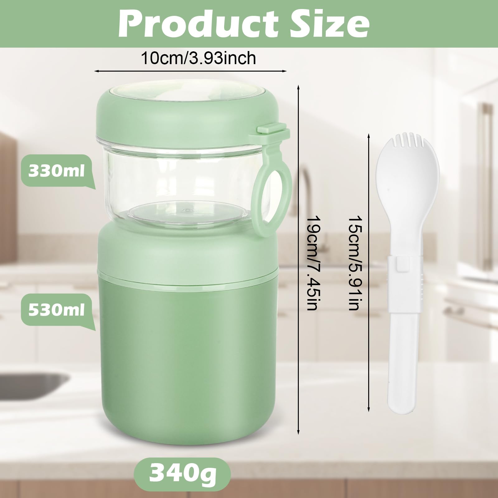 Grande Contenitore in Acciaio Inox per Cereali da Asporto, Tazza per Yogurt 530 ml + 330 ml Contenitore Porta Cereali Anti-Perdita Porta Pranzo Tazza per Yogurt Insalata Riso Avena (Verde)