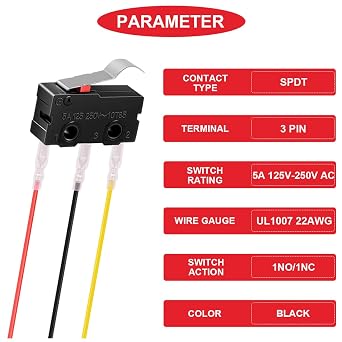 15Pcs Mini Micro Limit Switch 5A 125 250V AC SPDT 1NO 1NC Momentary 20mm/0.79inch Long Straight Hinge Lever Arm Switch Snap Action Button Type 3 Pins SPDT with 45Pcs Terminal Wires