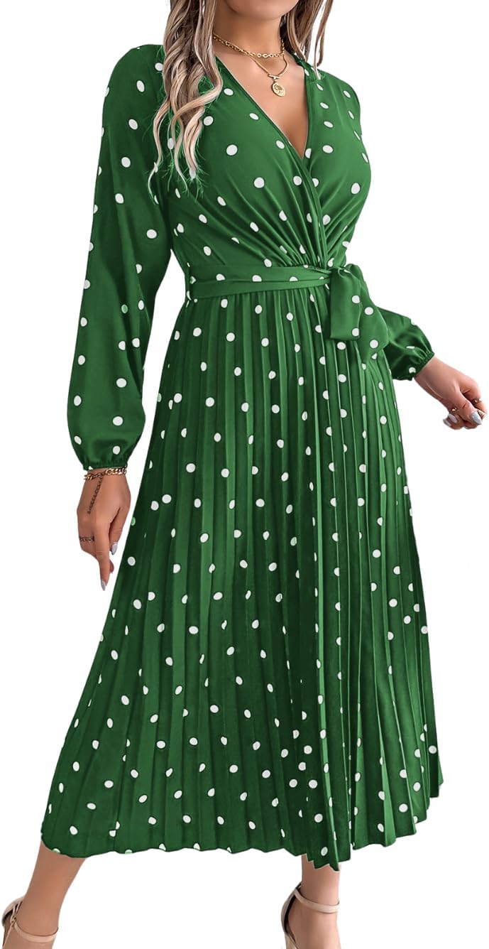 Polka-Dot Maxi Dress, Pleated V-Neck A-Line, Fall Vacation, Boho Vintage Casual Flowy Wedding-Guest Smocked