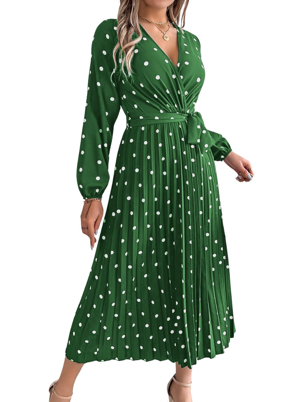 Polka-Dot Maxi Dress, Pleated V-Neck A-Line, Fall Vacation, Boho Vintage Casual Flowy Wedding-Guest Smocked