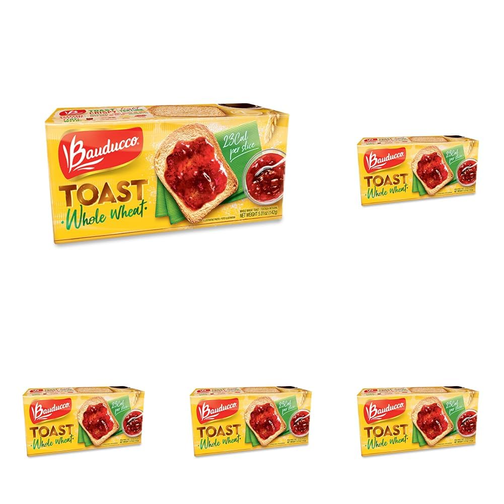 BauduccoWhole Wheat Toast - Delicious, Light & Crispy Toasted Bread - Whole Wheat - Ready-to-Eat Breakfast Toast & Sandwich Bread - No Artificial Flavors - 5.00 oz (Pack of 5)