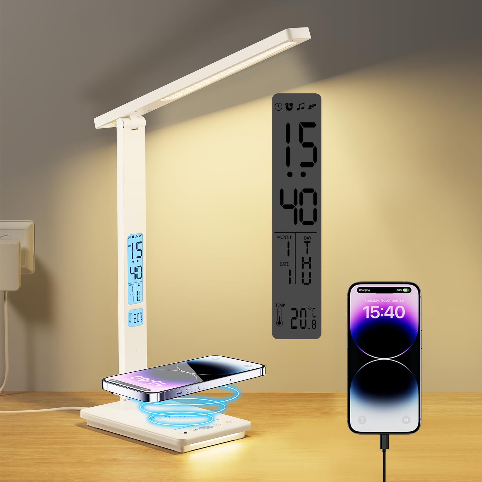 YAMYONE Lámpara de Escritorio LED con Cargador Inalámbrico & Puerto USB, Lámpara de Mesa 5 Colores 5 Brillos 2 Luces Nocturnas, Pantalla LCD Reloj Temperatura Protección Ocular Lámpara de Noche