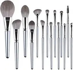 Kit Profissional de Pincéis de Maquiagem 14 em 1, Cor Prata, Conjunto para Maquiagem de Festa e Contorno, Cerdas Sintéticas de Luxo e Cabo Resistente