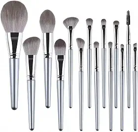 Kit Profissional de Pincéis de Maquiagem 14 em 1, Cor Prata, Conjunto para Maquiagem de Festa e Contorno, Cerdas Sintéticas de Luxo e Cabo Resistente