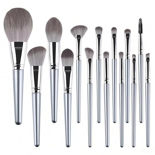 Kit Profissional de Pincéis de Maquiagem 14 em 1, Cor Prata, Conjunto para Maquiagem de Festa e Contorno, Cerdas Sintéticas de Luxo e Cabo Resistente