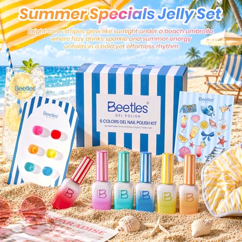 Image of Beetles Summer Voyage Neon Gel Nail Polish Set - 9ML 6 Colors Specials Jelly Gel Nail Polish Kit Sheer Gel with Sticker Nail Accessories Soak Off UV Salon DIY at Home Manicure Gift for Women