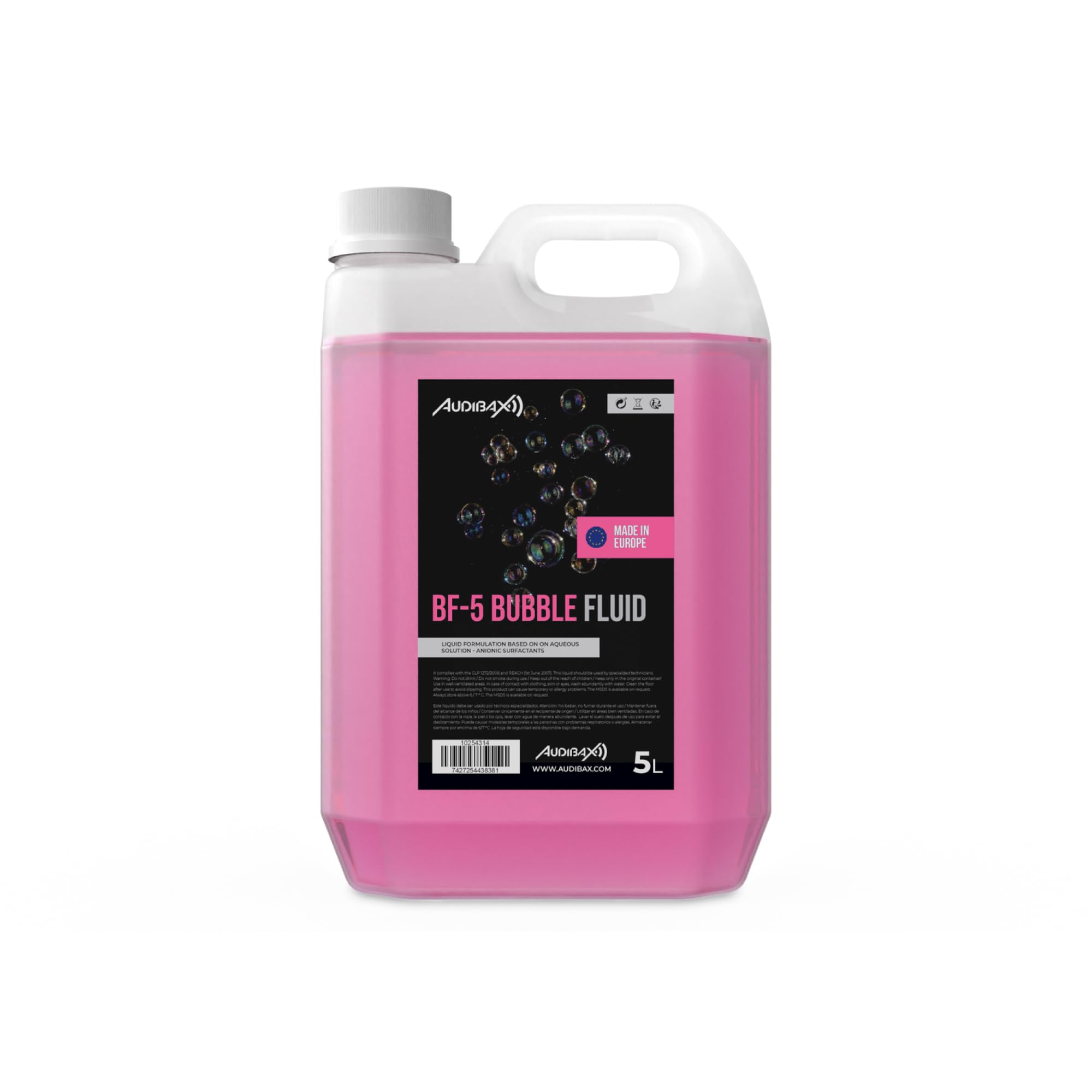 Audibax BF-5 Bubble Fluid - Liquido per Bolle per Macchina per Bolle da 5 Litri - Liquido Naturale - Sicuro per la Respirazione e Senza Sostanze Chimiche Pericolose - Cruelty Free