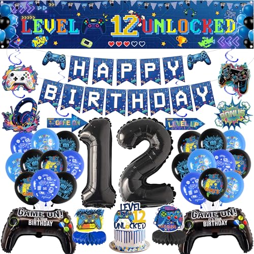 Video Game 12th Birthday Decorations - Gamer Theme Party Supplies Includes Level Up Banner Balloons Cake Topper, Gaming Birthday Decor for Boys 12 Year Old