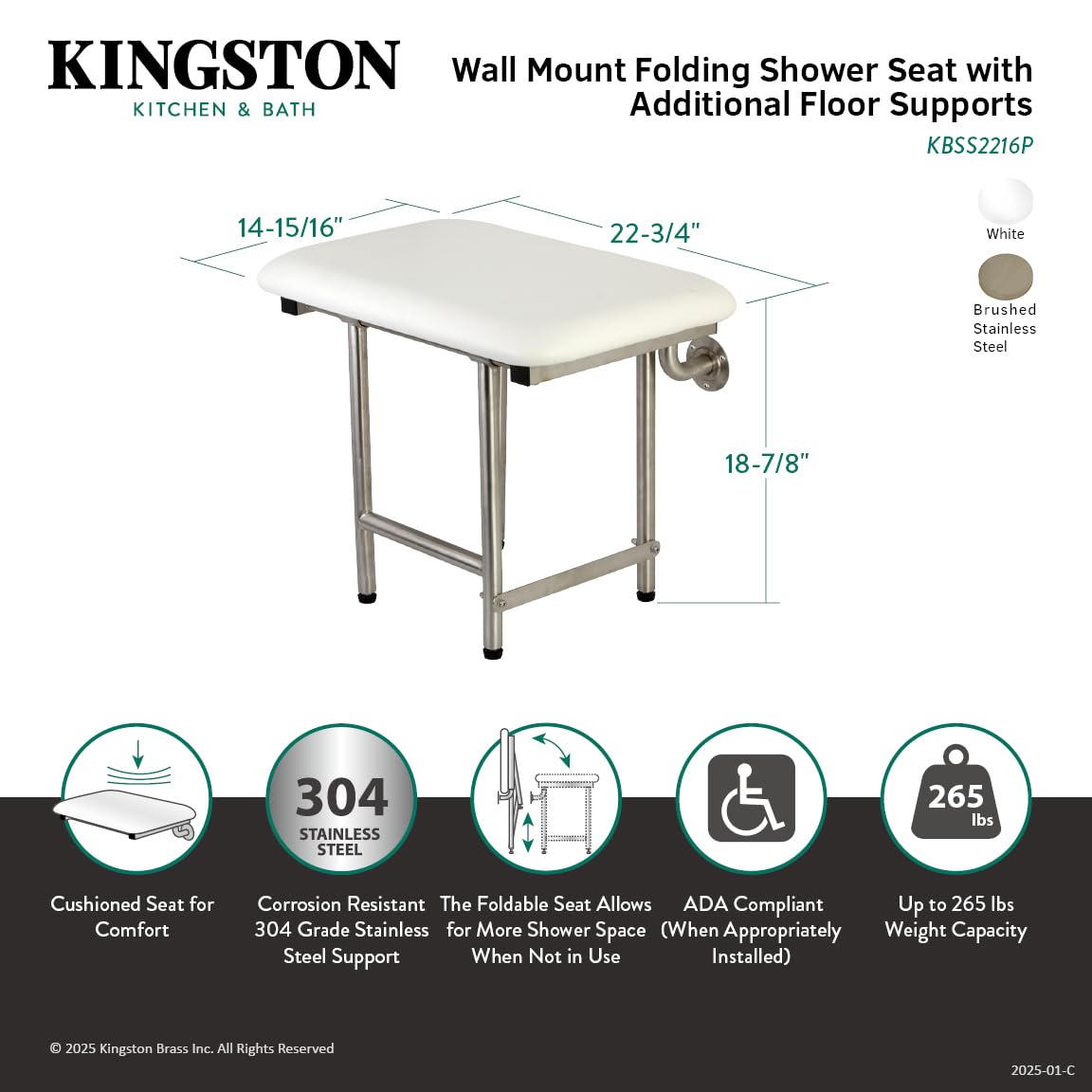 Kingston Brass KBSS2216P Asiento de Ducha Plegado para Montaje en Pared bariátrico de 56 x 40,6 cm con Soportes de Piso adicionales, Acero Inoxidable Cepillado