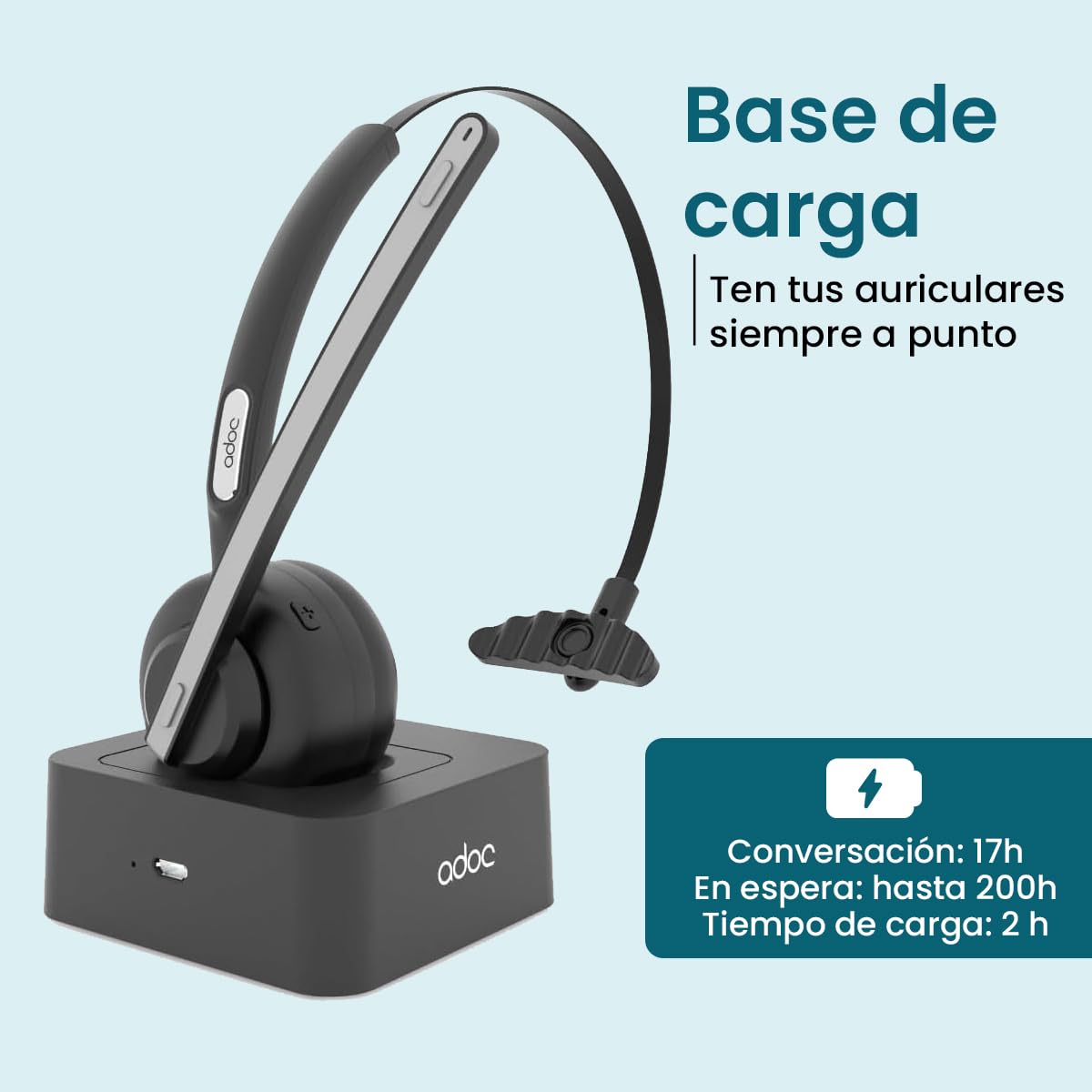 ADOC BT01 Auriculares Bluetooth Monoaurales con Micrófono Giro 270 Grados, Cancelador de Ruido, Diadema Ajustable, Tecla multifunción, Batería Duradera. Uso por Ambos Lados (Oreja Derecha/Izquierda).