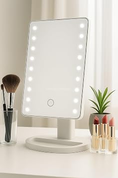 Busstier Led Lighted Makeup Mirror Touch Table Top Mirror with Adjustable Playing Head with 3 Light Modes White Light Daylight Warm Light