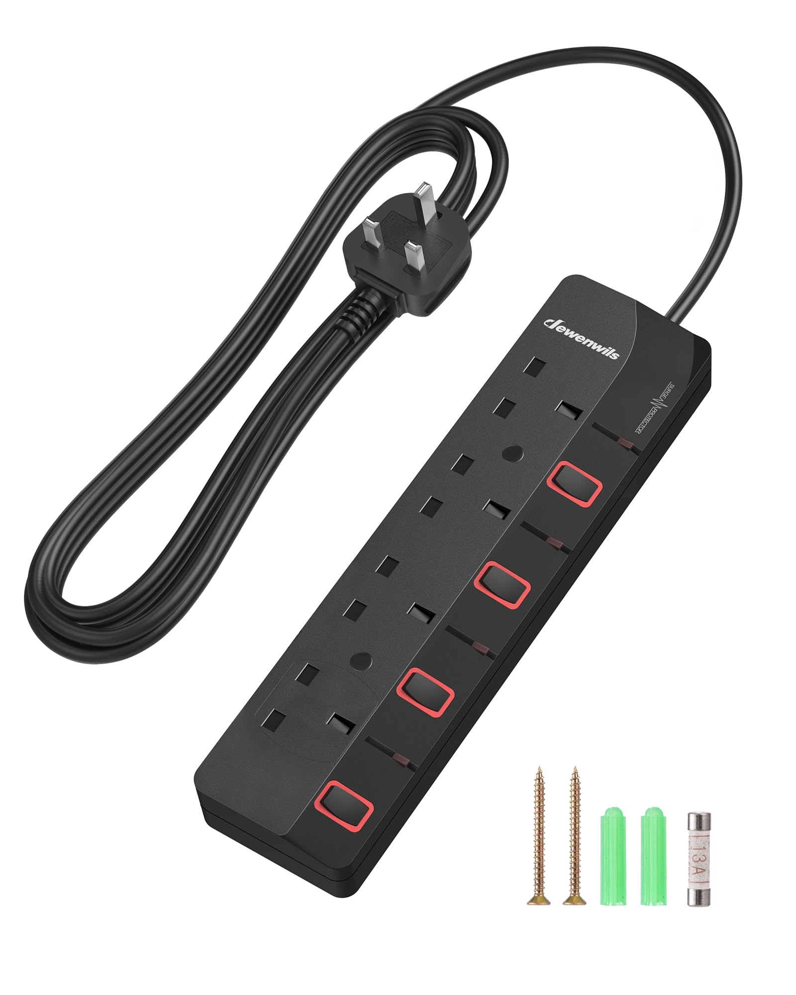 4 Way Extension Lead 3M with Individual Switches, Surge Protected Extension Cable with Indicator Lights, 13Amp 4 Gang Power Strip, Wall Mountable, Black