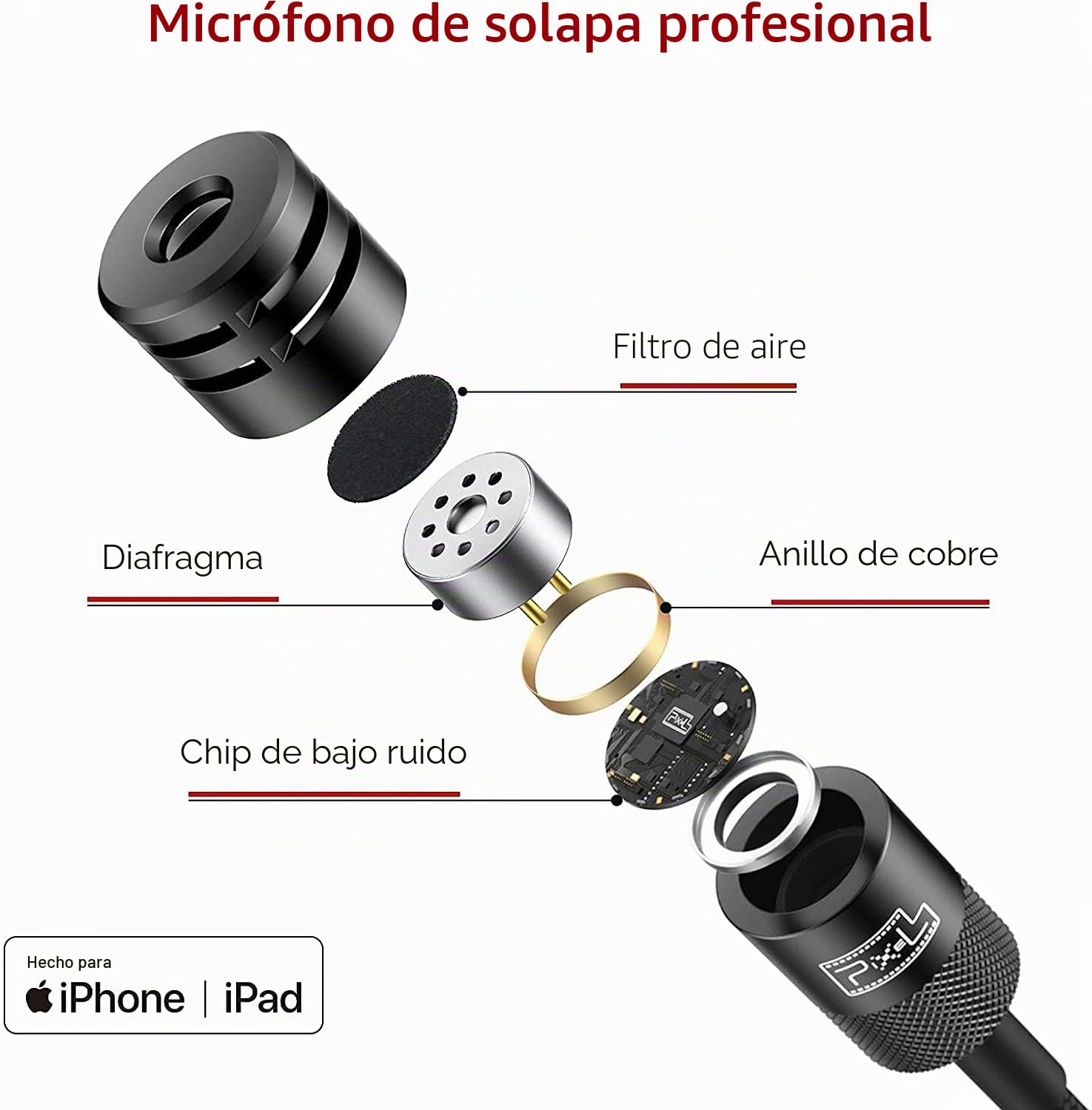 Pixel Voz Grado Profesional Micrófono de Solapa Compatible con iPhone/iPad