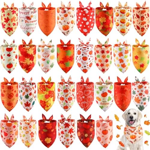 Chunful 30 Pcs Thanksgiving Fall Bandanas for Dogs Autumn Dog Bandanas with Maple Leaves Pumpkin Patterns Soft Bibs Triangle Doggie Scarf for Small Medium Large Pet Costume 25.6 x 17.7 x 17.7 Inch