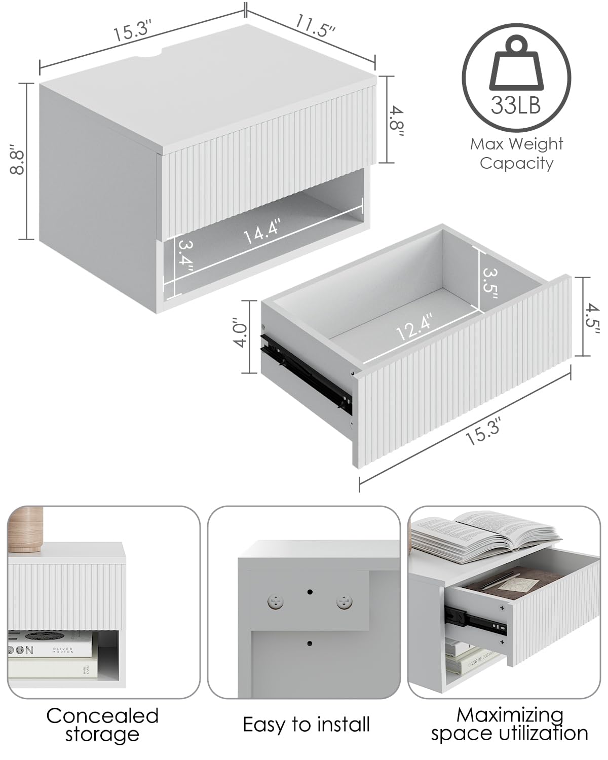 HEYZOEY Comodino sospeso, piccolo comodino mobile moderno con cassetto, scaffali galleggianti per camera da letto, bagno, bianco