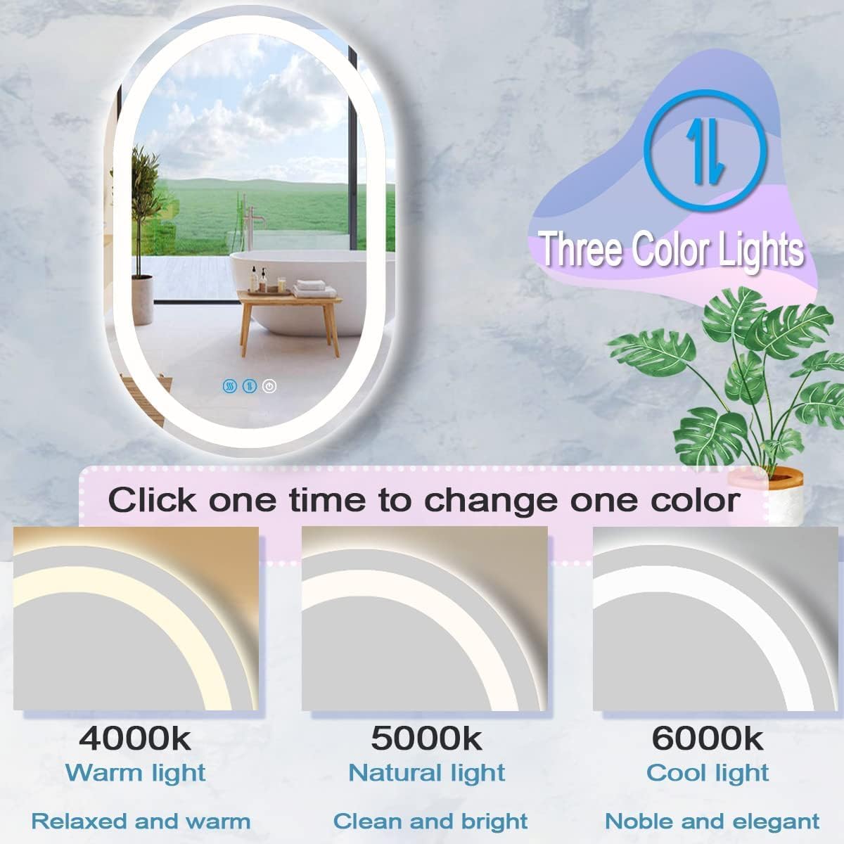 THEKLA 24 x 36 Inch Oval Lighted Vanity Mirror for Bathroom Wall Mounted Horizontal/Vertical 36 LED Oval Mirror with Lights 3 Color Dimmable Front LED Anti-Fog 36 inch Ovals Smart Lightup Mirrors