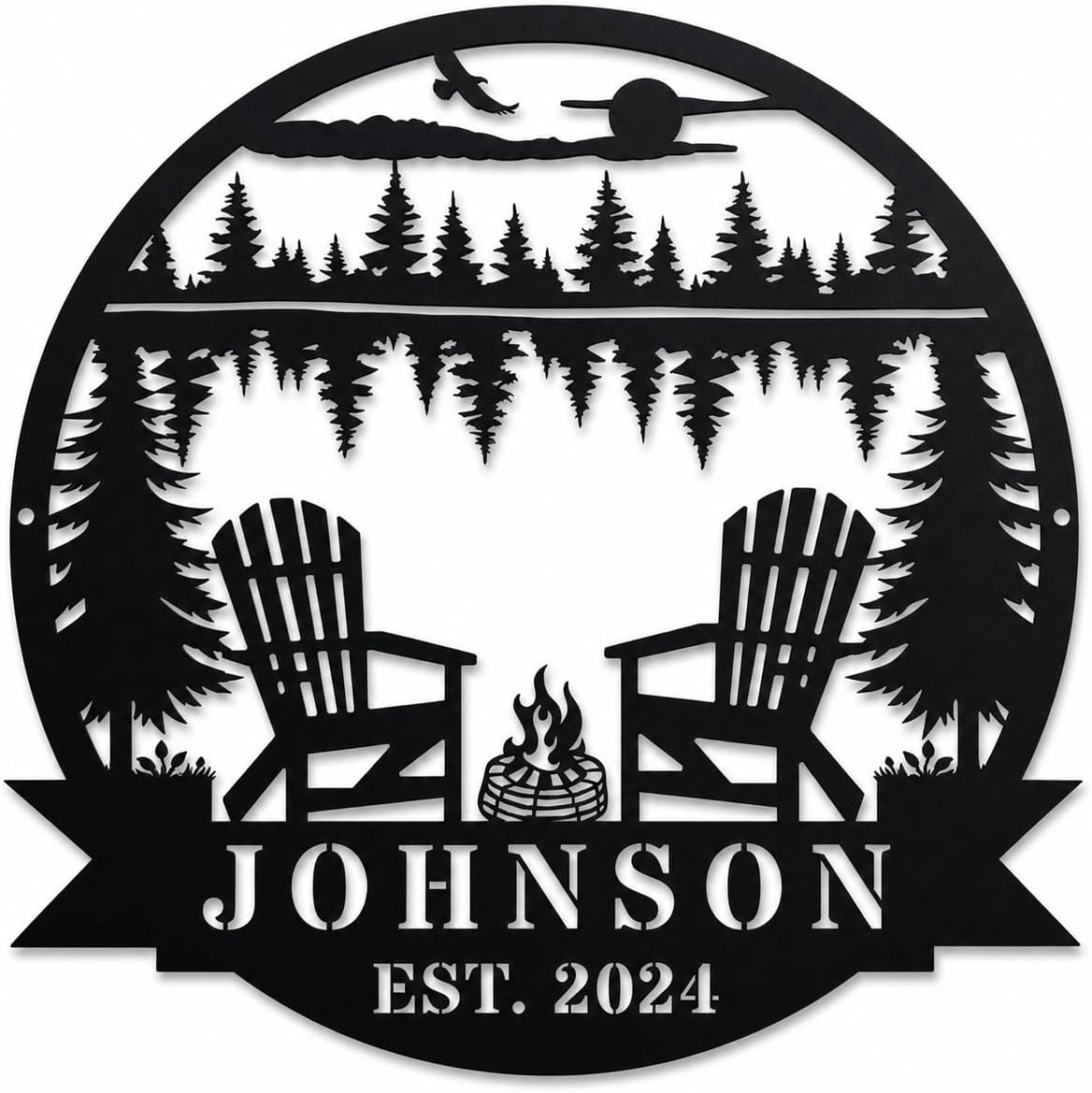 Custom Campfire Metal Name Sign, Campsite Custom Metal Family Name Sign, Campsite Monogram Forest, Personalized Camping Gifts Fire Pit Camper Lover Gift