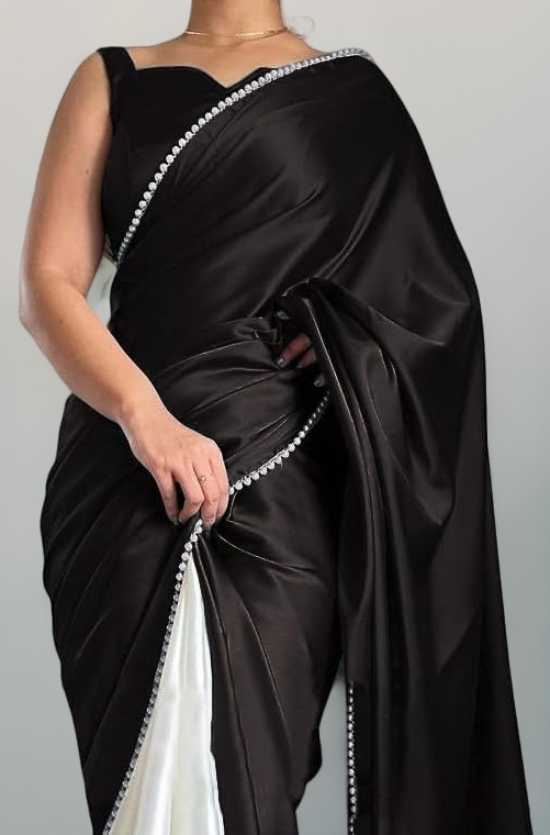 BRAHMSHAKTI Womens Satin Half Half Collection Saree With Blouse Piece