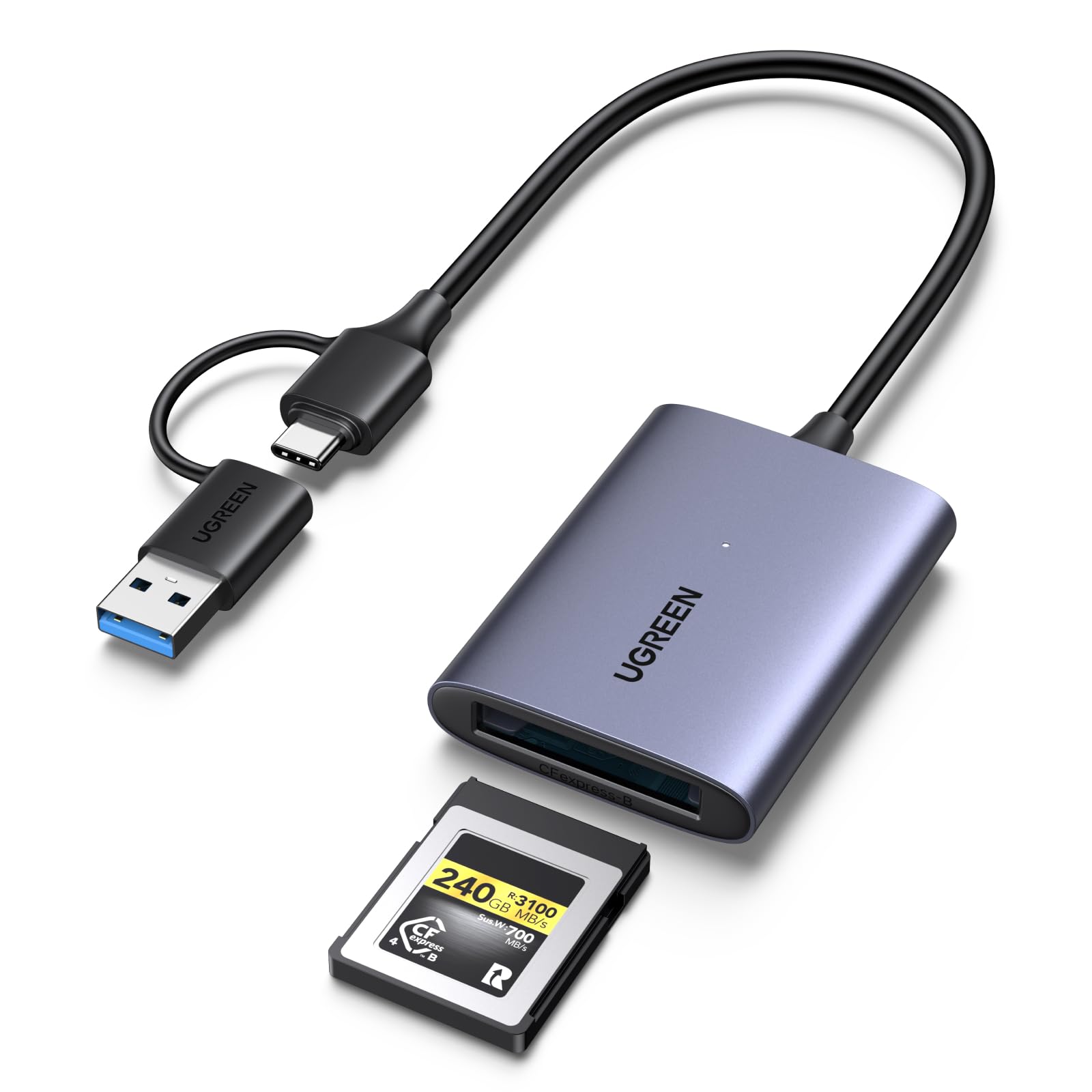 UGREEN Lettore di Schede CFexpress Type B USB A e USB C 3.2 Gen 2 Maschio | 10Gbps Adattatore Scheda Memoria CFe Type B 1250MB/s Teorico Compatibile con MacBook iPad Pro Air iPhone 17 Air Pro Max 16