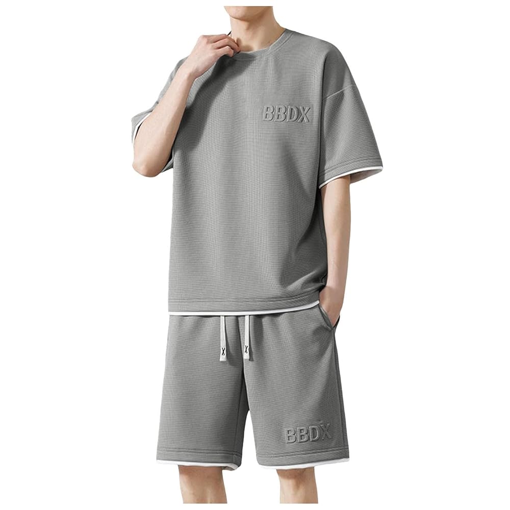 メンズ セットアップ ワッフル 半袖 Tシャツ ルーズショーツ セットアップ メンズ 半袖 ワッフル 夏 上下セット Tシャツ