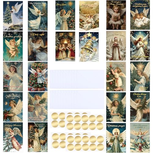 ForraFun 24 Set Angel of Christmas Cards with Envelopes Matching Stickers 4" x 6" Festive Design Boxed Christmas Card with Printed Message Outside for Xmas Holiday Supply