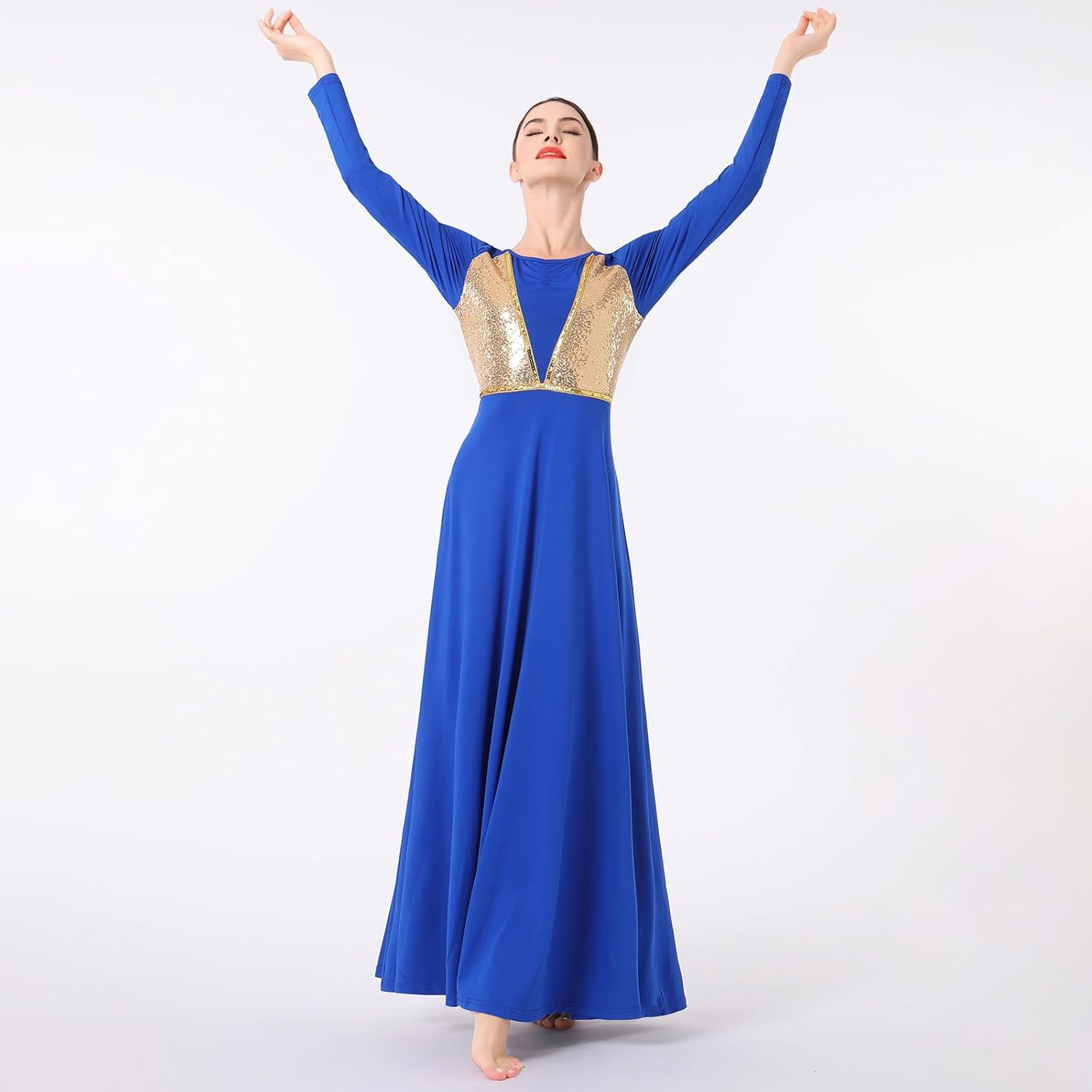 AFAVOM Praise Dance Dress for Women Sequin Gold Long Sleeve Lyrical Dance Dress Shiny Liturgical Worship Dancewear Costume